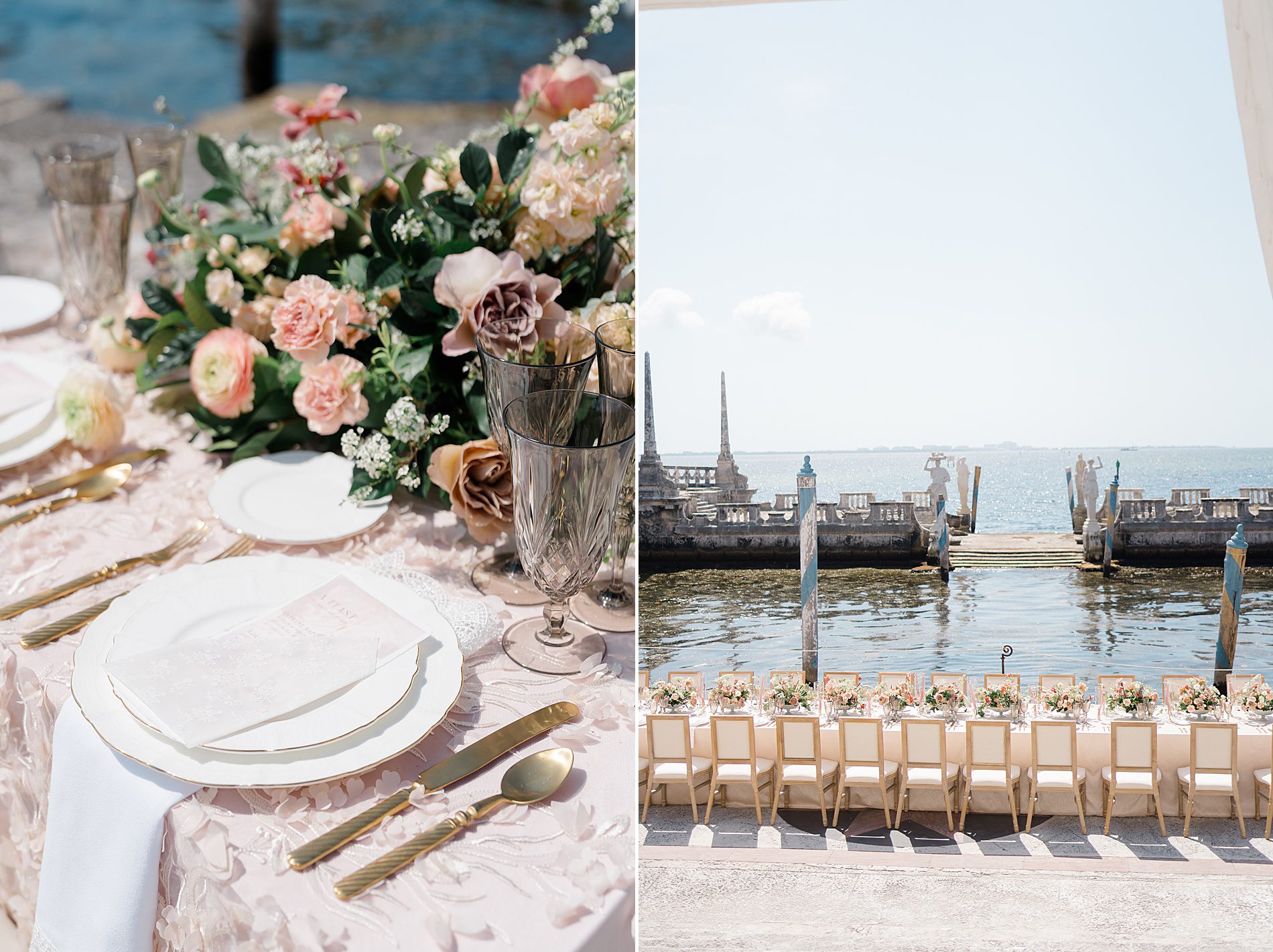 waterfront outdoor wedding reception at Vizcaya Museum and Gardens 