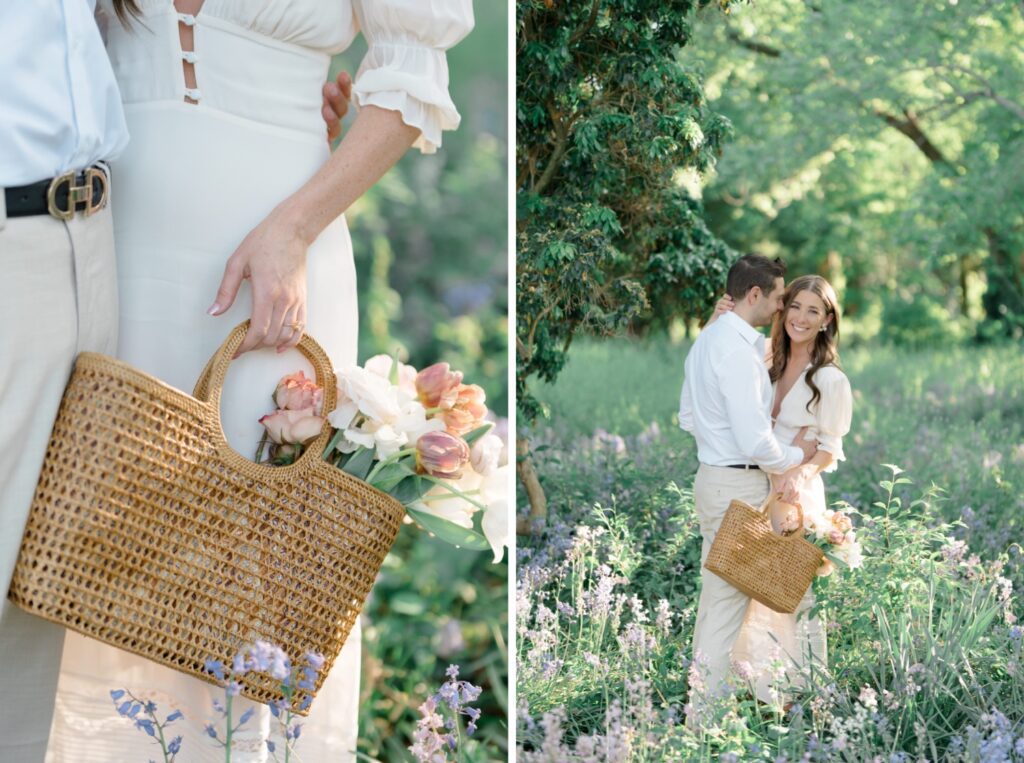 Bride with whicker bag filled with flowers at engagement session at Glen Foerd