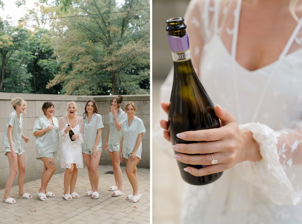 Bride and her bridesmaids popping champagne to celebrate at Curtis Arboretum wedding