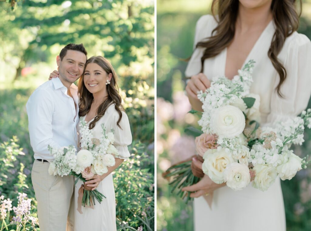 Couple standing together and smiling during engagement session at Glen Foerd