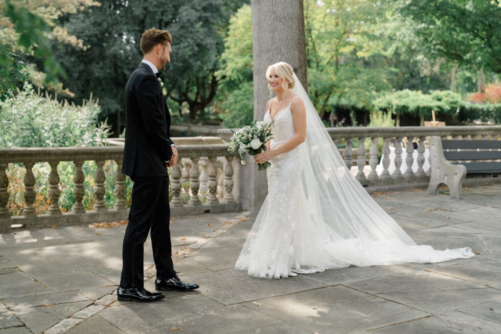 Bride and Groom first look on a all day at Curtis Arboretum