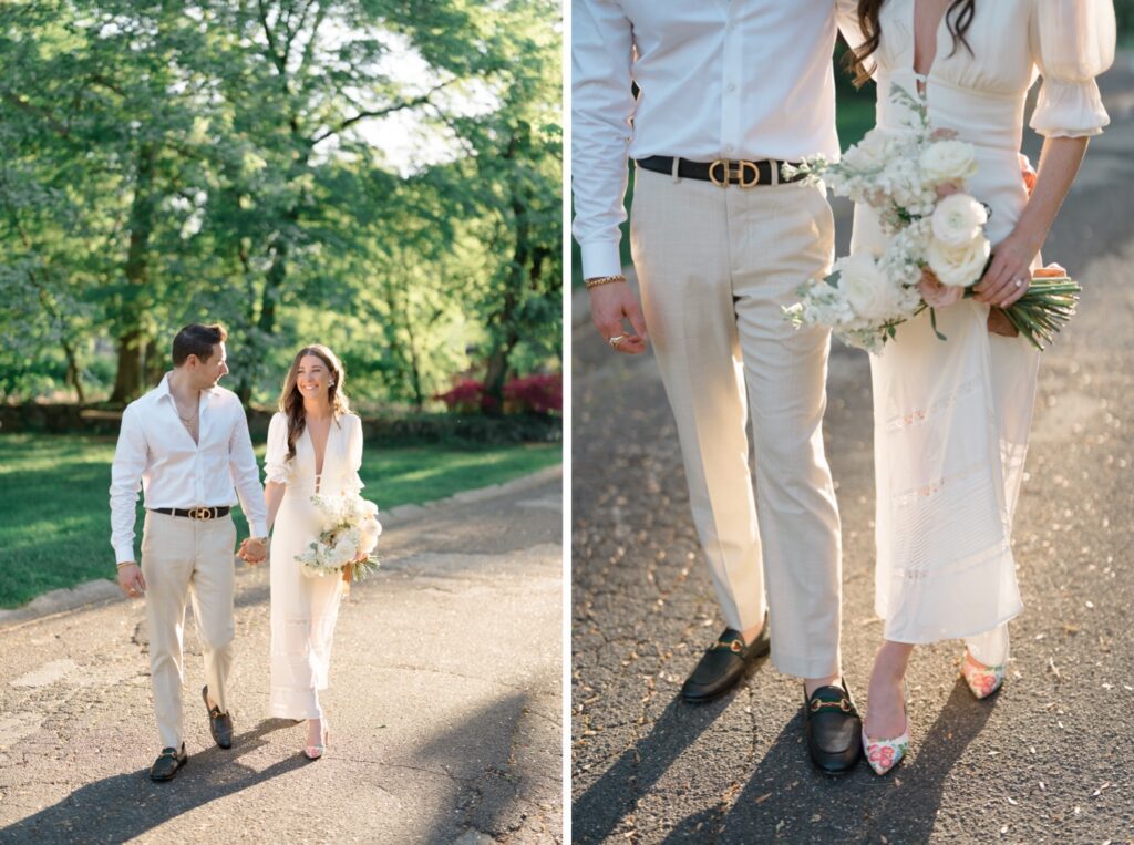 couple walking around Glen Foerd during engagement session