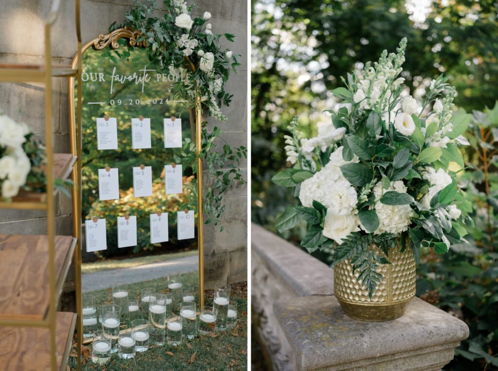 Mirror seating chart with gold accents at Curtis Arboretum wedding