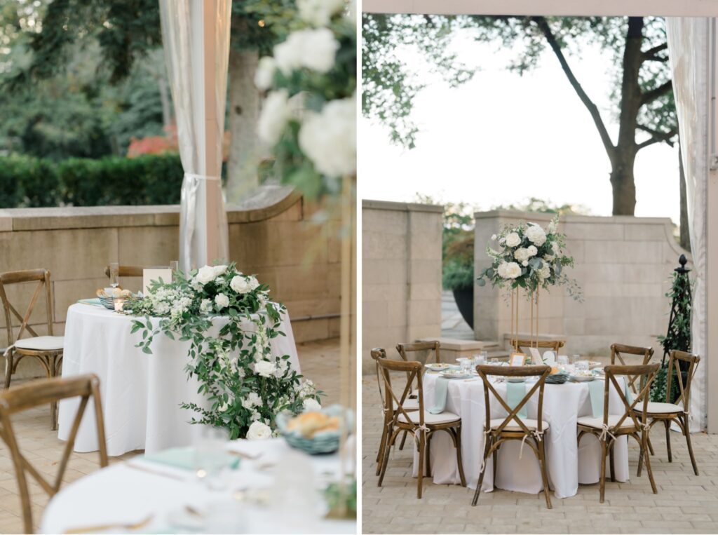 Reception Details with White roses and greenery at Curtis Arboretum wedding