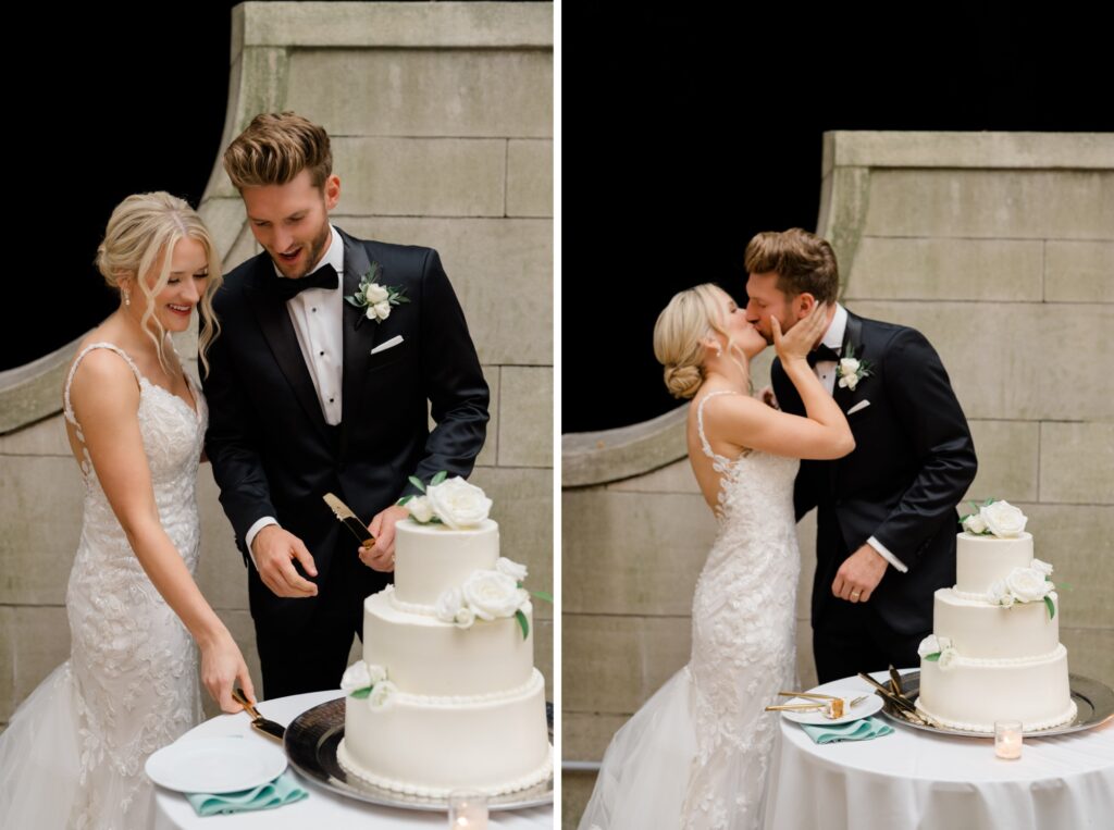 Bride and Groom cut their three tier white wedding cake during wedding reception at Curtis Arboretum