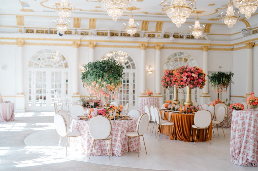 Reception Details with floral table cloths and terracotta table cloths during styled shoot at Crystal Plaza