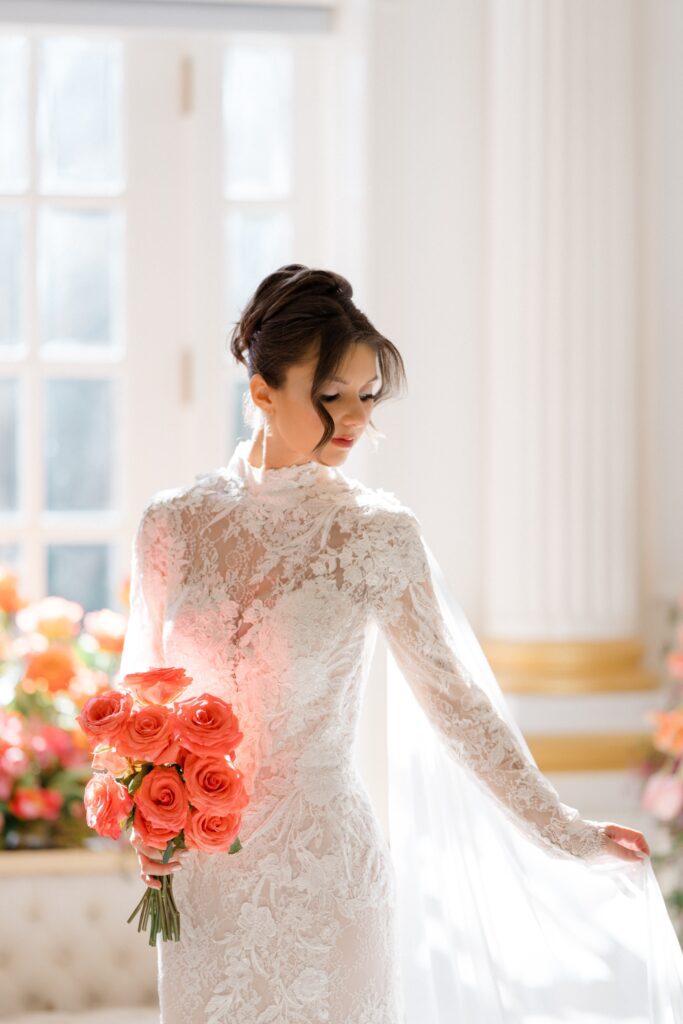 Bride in a high neck lace wedding dress at Styled Shoots Across America shoot at Crystal Plaza