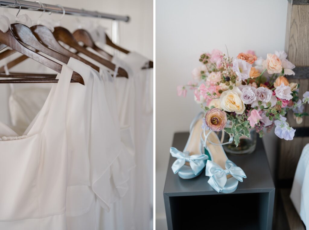 Brides blue shoes with blue bow and colorful wedding bouquet at Ryland Inn