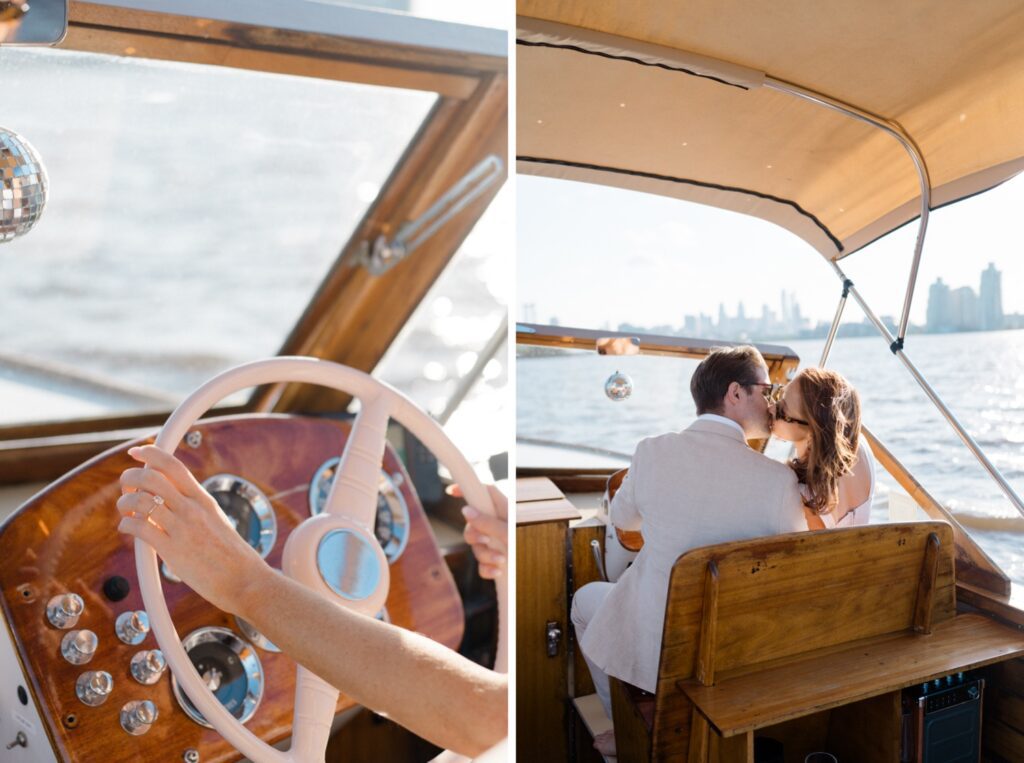 Couple driving a boat during their engagement session at Sea Philly