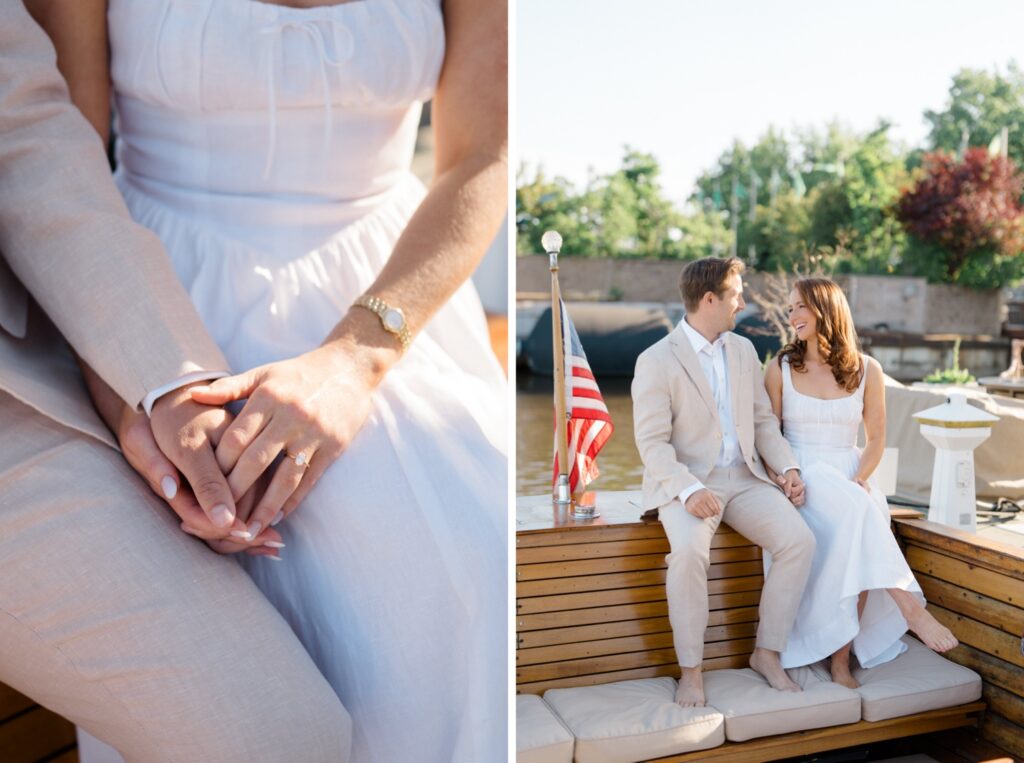Couple in white dress and tan suit during engagement session at Sea Philly