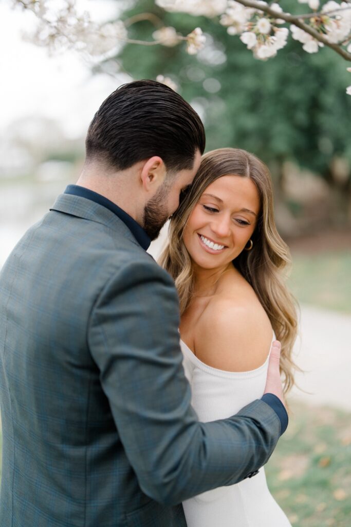 Couple smiling together at Spring Lake Engagement