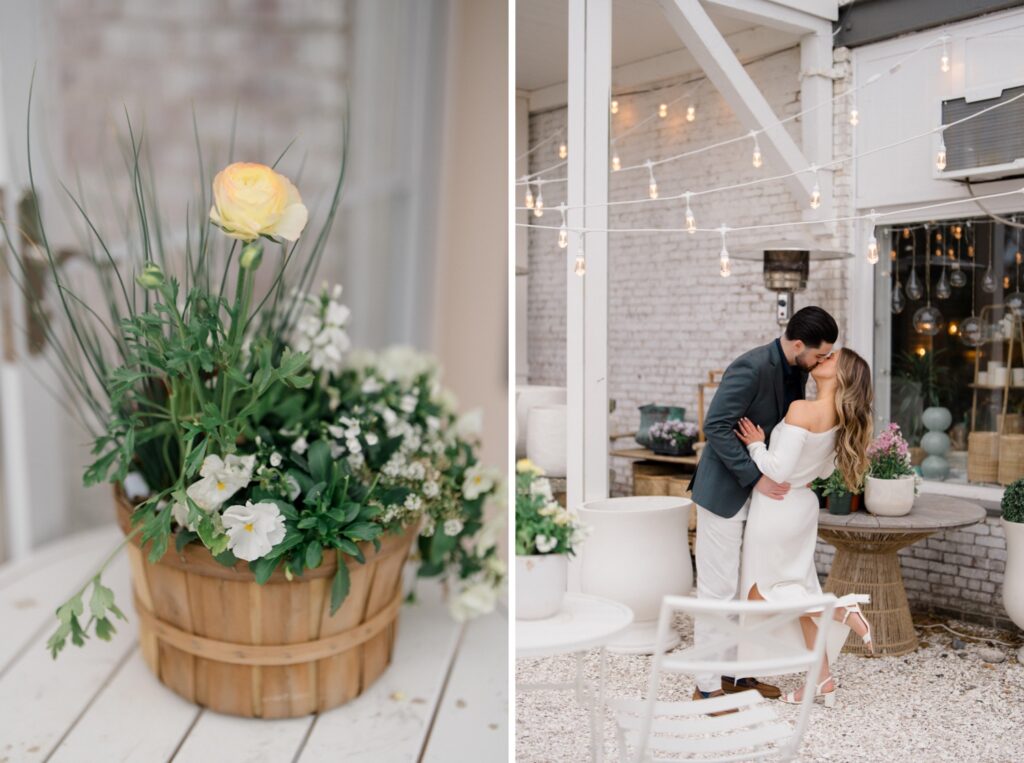 Couple kissing outside local shop in Spring Lake