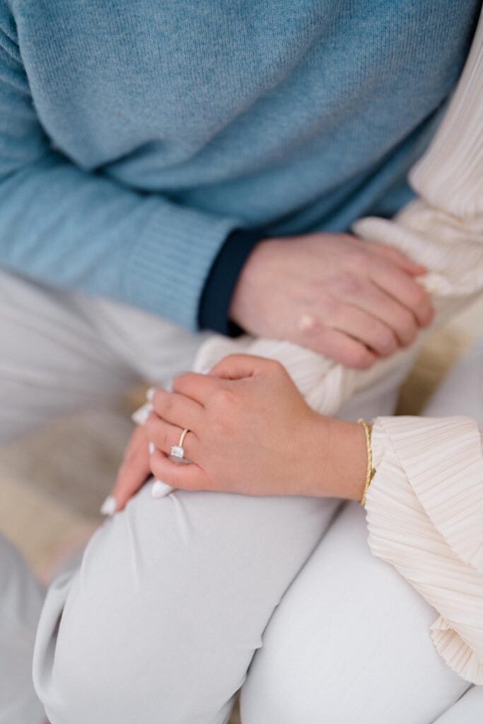Bride and Groom Arm in Arm on the beach during Spring Lake Engagement